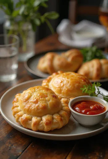 Cornish pasty s pikantno omako, postrežen s hrustljavim testom