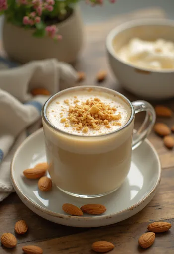 Karamelno mandljevo mleko postreženo v skodelici