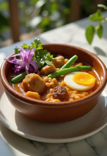 Kare-kare z govedino, postrežen z bok choyem in jajčevci, z bogato arašidovo omako