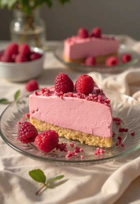 Malinova penasta torta, okrašena z malinami