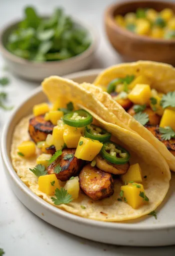 Tacos de vegetales con salsa mango na krožniku