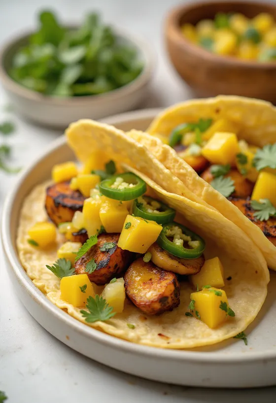 Tacos de vegetales con salsa mango na krožniku
