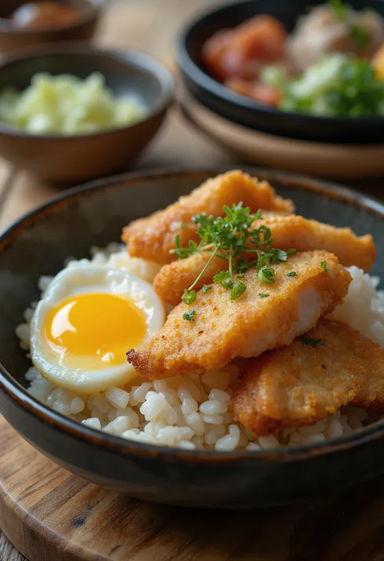 Katsu Donburi, postrežen s hrustljavim ocvrtim svinjskim mesom in jajčno omako