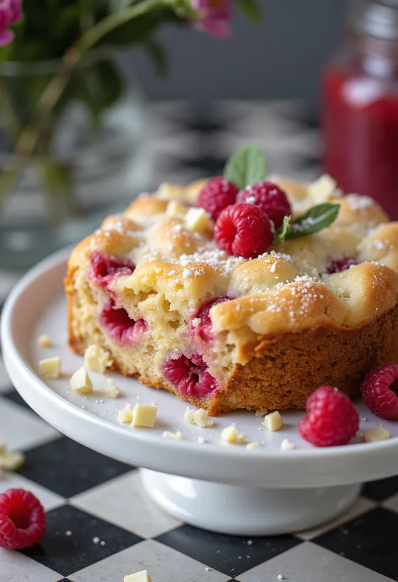 Malinova torta z belo čokolado, postrežena