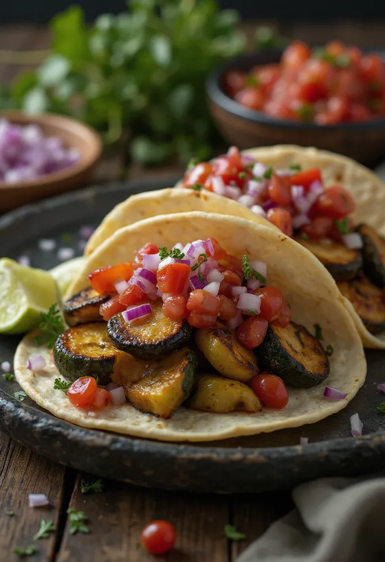 Tacos de vegetales con salsa roja na krožniku