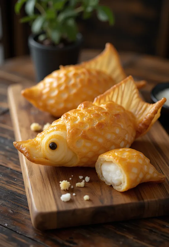 Taiyaki z mochi nadevom, japonska sladica, s finim testom iz riževe moke in sladkim nadevom