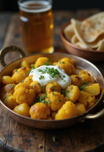 Aloo gobi z jogurtom, okrašen s svežim koriandrom