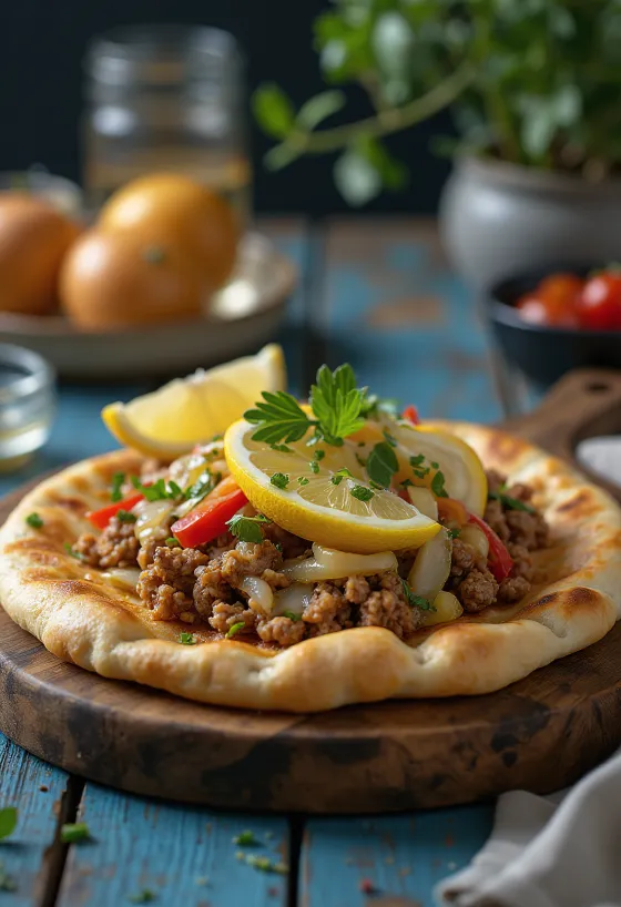 Klasični lahmacun, postrežen s svežim testom in začinjenim mesnim nadevom