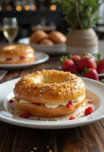 Sveže pečen bagel s penino, jagodami in medom