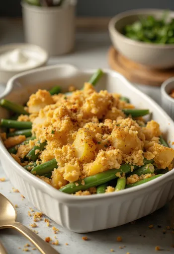 Postrežen veganski narastek iz stročjega fižola s krompirjem