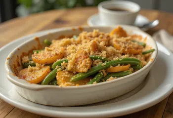 Postrežen veganski narastek iz stročjega fižola s krompirjem