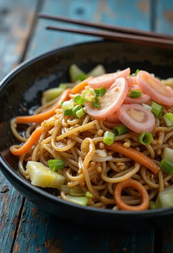 Yakisoba z zelenjavo, praženi rezanci s pisano zelenjavo