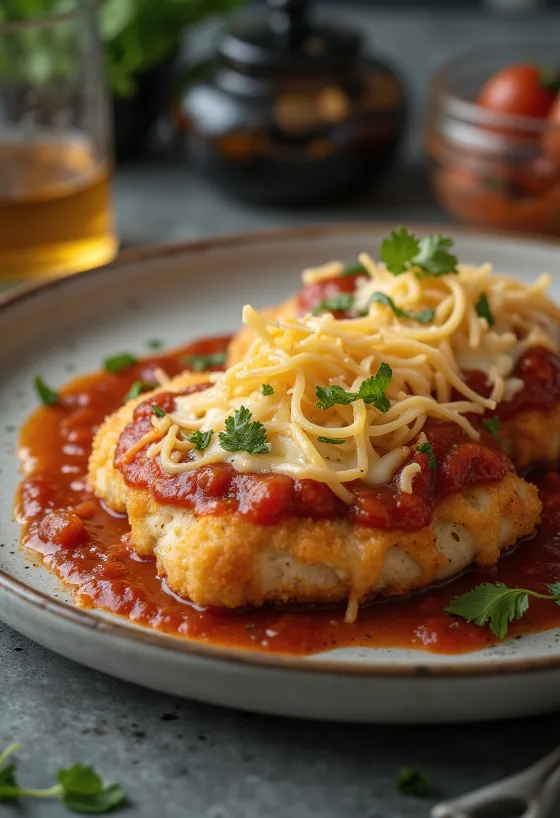 Chicken parmigiana postrežen s testeninami in svežo baziliko