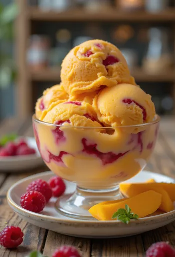 Postrežen sladoled z mangom in malinami