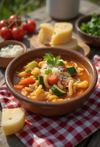 Klasičen minestrone, postrežen s pisano zelenjavo in testeninami
