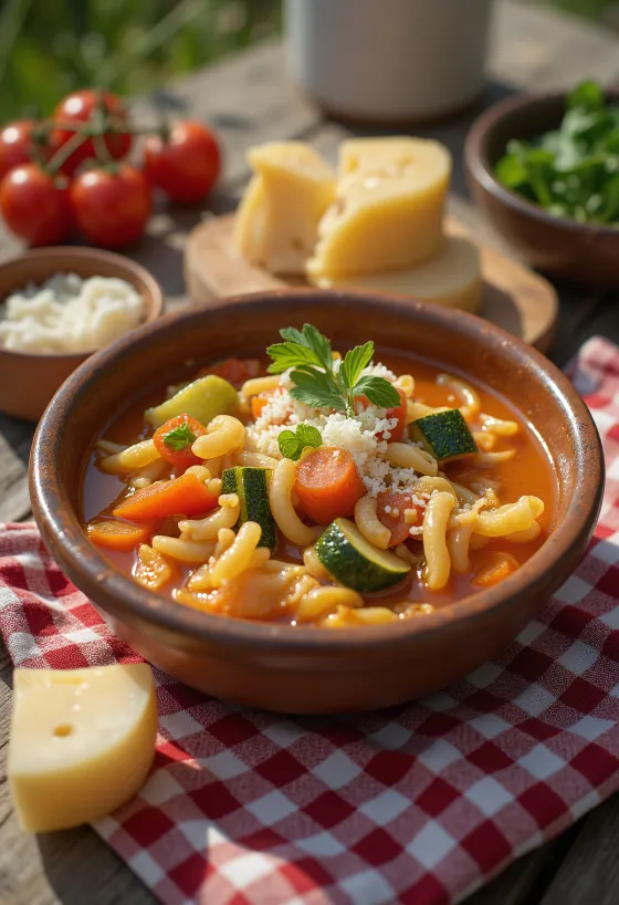 Klasičen minestrone, postrežen s pisano zelenjavo in testeninami