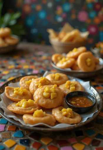 Pani puri s tamarindovo sladko vodo, postrežen s svežim koriandrom in meto za okras.