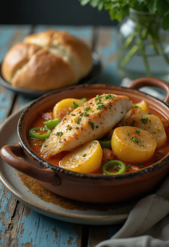 Caldeirada de peixe ribja jed, sveže pripravljena, z bogatimi okusi in barvami