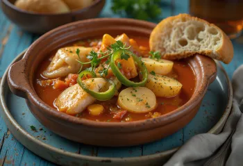 Caldeirada de peixe ribja jed, sveže pripravljena, z bogatimi okusi in barvami