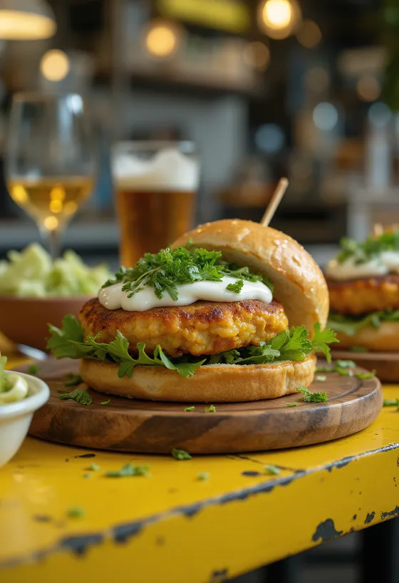 Indijski hamburger s čičerikinim polpetom in metino jogurtovo omako