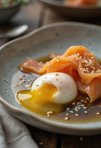 Onsen Tamago z dimljenim lososom, svežim koriandrom in sojino omako