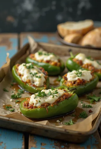 Paprika postrežena s feta sirom, okrašena s svežim peteršiljem