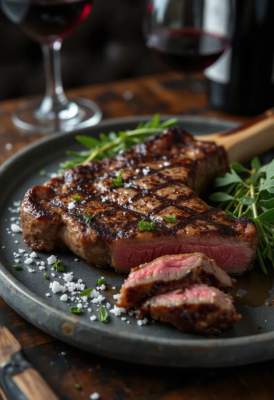Steak Florentine postrežen z rožmarinom in oljčnim oljem