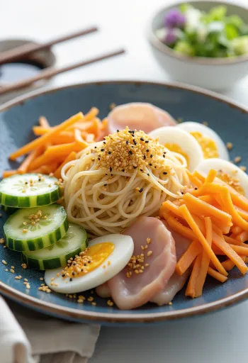 Hiyashi chuka hladni japonski ramen z zelenjavo in jajcem