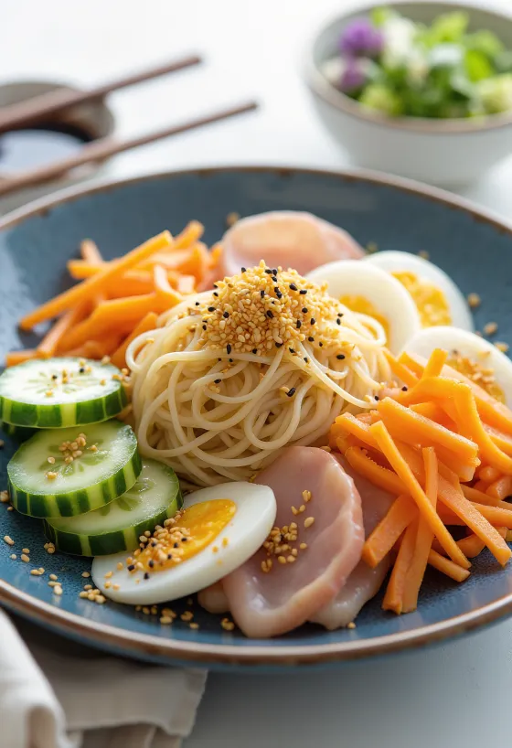 Hiyashi chuka hladni japonski ramen z zelenjavo in jajcem