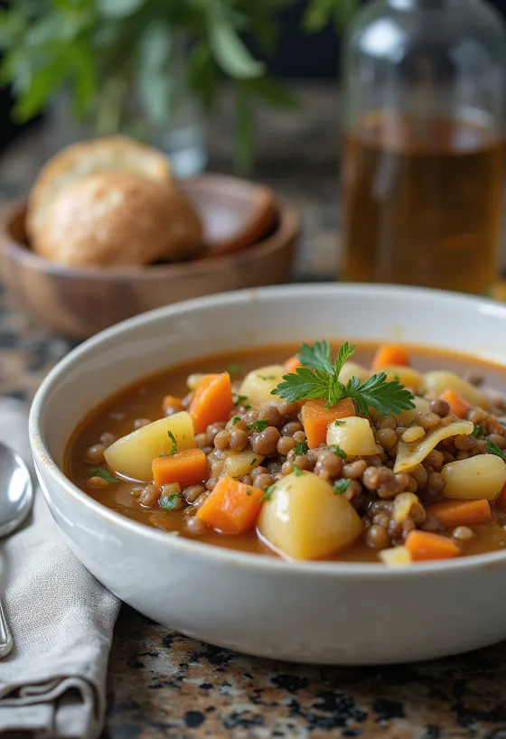 Minestrone juha z lečo, postrežena z veliko zelenjave in testeninami v globokem krožniku