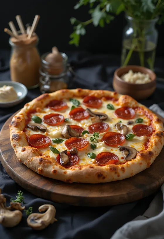 Postrežena pica Pepperoni z gobami