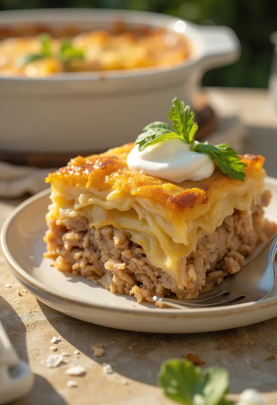 Tradicionalno zloženo zelje, zloženo z mletim mesom in rižem, postreženo s kislo smetano.