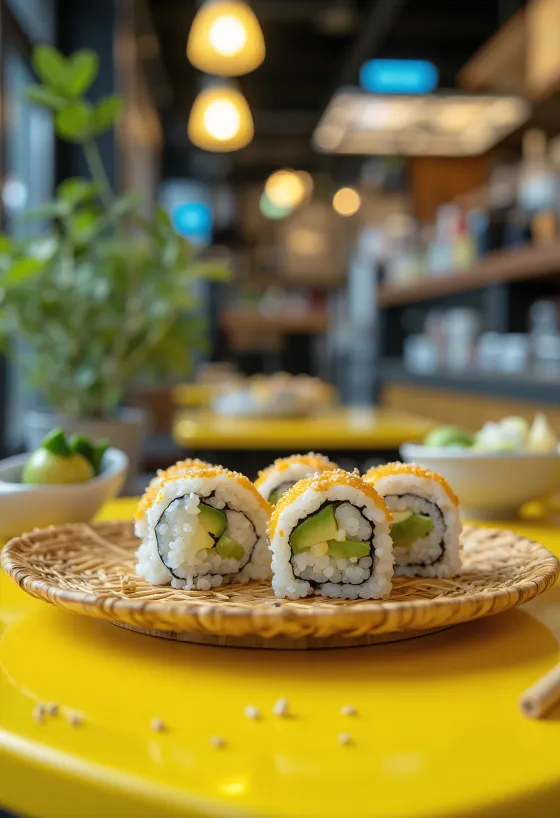 Veganski suši z nori algami, avokadom in okrašen s sezamom