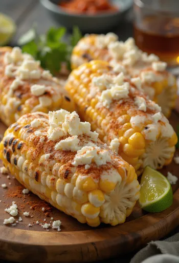 Elote s smetanovo omako, sveže postrežen, z začinjeno koruzo in parmezanom.