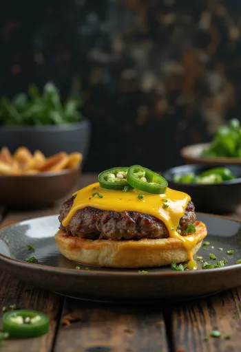 Hamburger z jalapeñosi in sirom, sočnim polpetom in pikantno papriko jalapeño