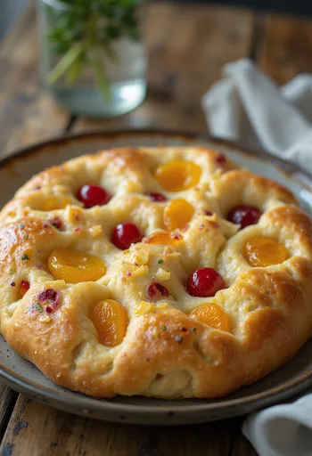 Postrežena fokača s kandiranim sadjem