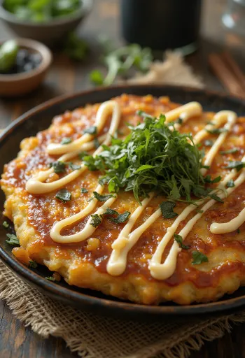 Klasični okonomiyaki postrežen, z okonomiyaki omako in bonito kosmiči
