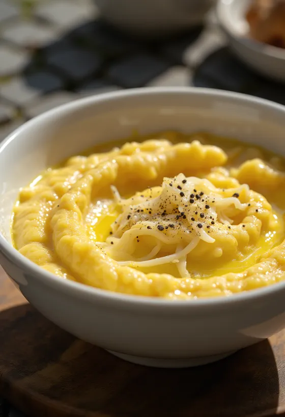 Polenta s sirom in maslom, postrežena z naribanim parmezanom in mocarelo