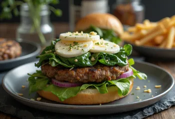 Burger s špinačo in kozjim sirom postrežen na lesenem pladnju