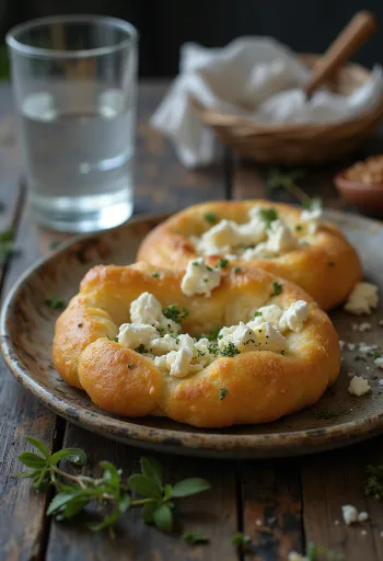 Tiganopsomo s feto in peteršiljem, postrežen s svežim kruhom in hrustljavim feta sirom.