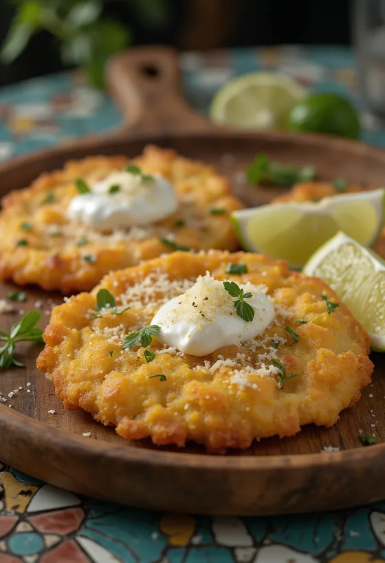 Tostón s česnovo omako, ocvrt plantain s česnovo kislo smetano, svežim peteršiljem.