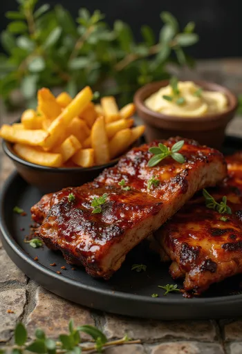 BBQ rebrca z začinjenim pečenim krompirjem, postrežena