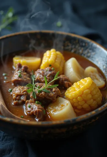 Sancocho de res z govedino in korenasto zelenjavo, sveže postrežen