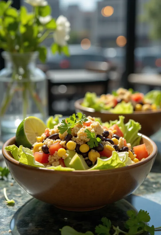 Veganska taco solata s tortilla čipsom in zelenjavo