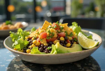 Veganska taco solata s tortilla čipsom in zelenjavo