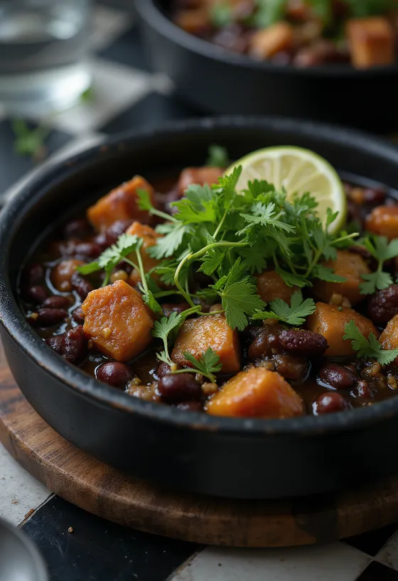 Feijoada brez glutena, postrežena s svežim koriandrom in limono