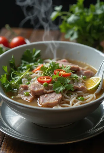 Klasični pho v skledi, juha z govedino in riževimi rezanci, s svežim koriandrom in rezinami limete
