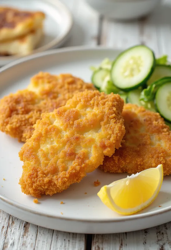 Do zlato rjave barve ocvrt zrezek, postrežen v hrustljavem ovoju