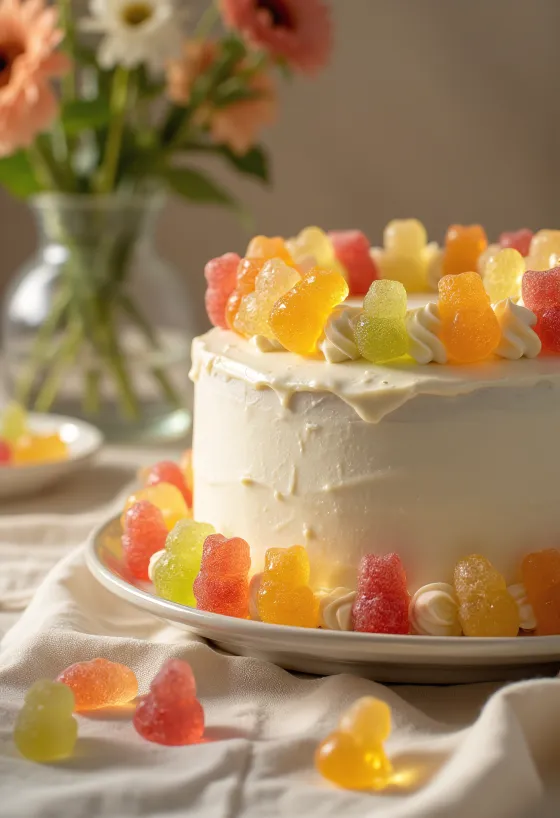 Torta s pisanimi gumijastimi bonboni z belim fondantom in okrasjem iz gumijastih bonbonov