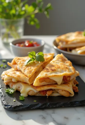 Piščančja quesadilla, pečena do zlato rjave barve, postrežena s stopljenim sirom in svežimi zelišči